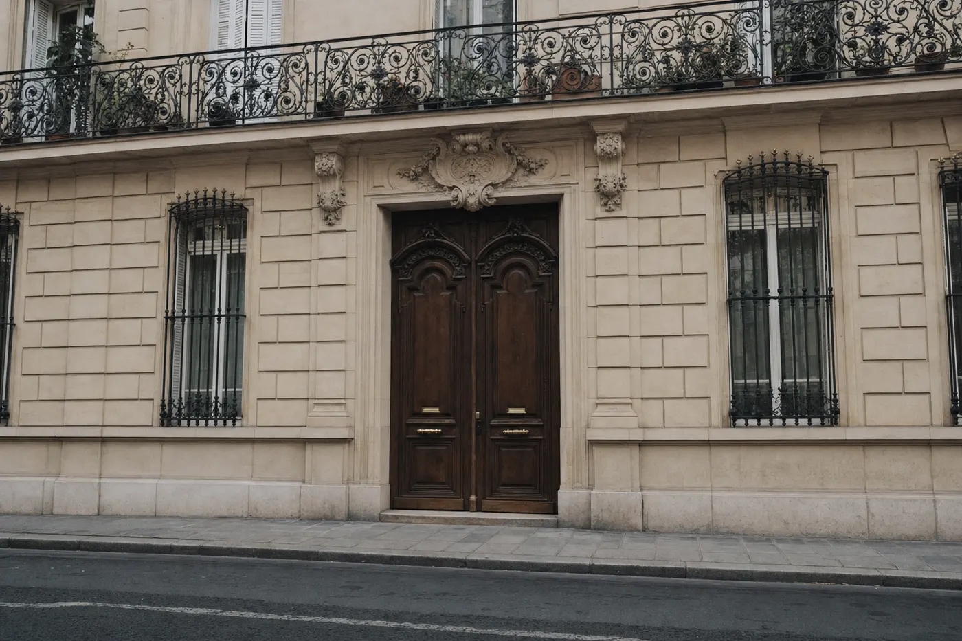 Porte cochère d’un immeuble haussmannien, façade de pierre claire en lumière du matin.
