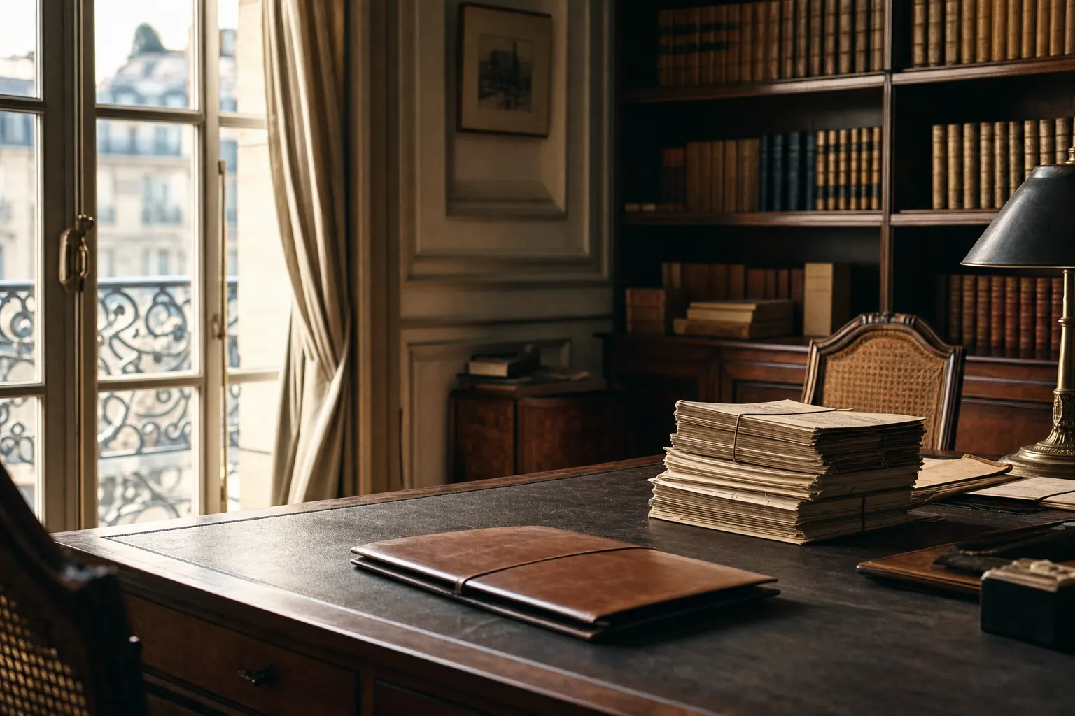 Bureau d’une étude notariale, lumière de fin de matinée sur un plan de travail en noyer.