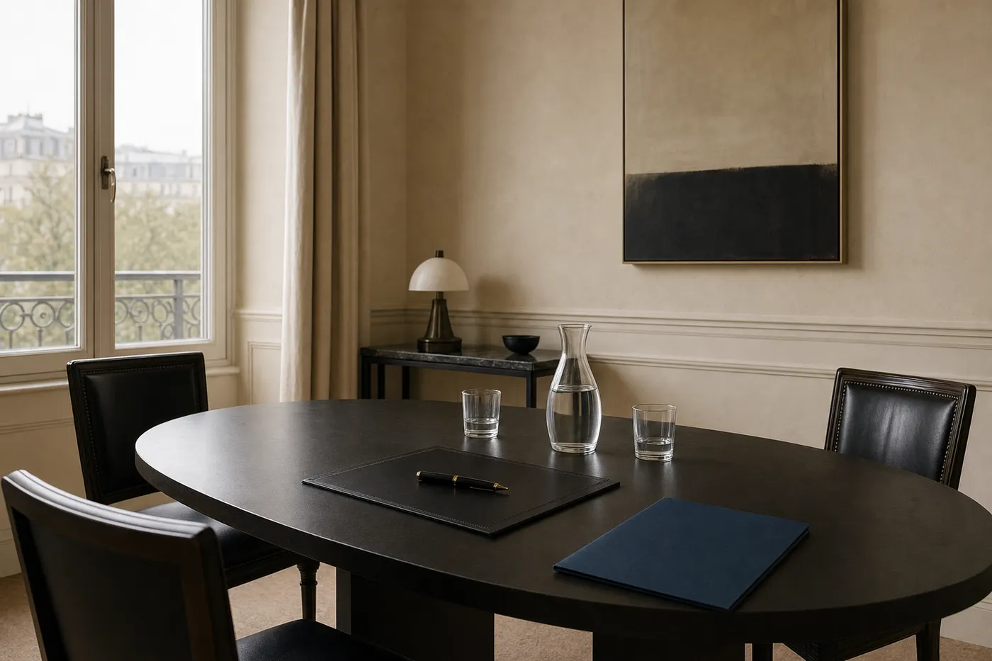 Table de réunion préparée pour une signature : chaises, carafe, stylo posé sur un sous-main.